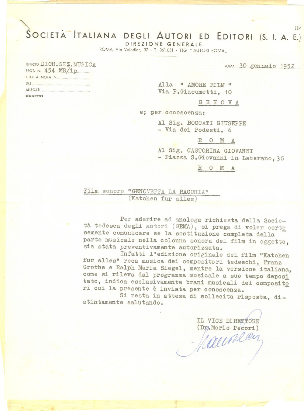 Documento originale, autentico 1952 ROMA CINEMA Intervento SIAE su colonna sonora film  Genoveffa la racchia 1
