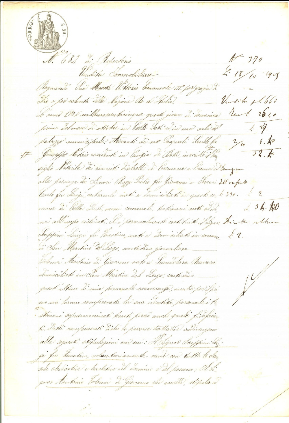 Documento originale, autentico 1905 SAN MARTINO DEL LAGO CR Luigi SCAPPINI vende casa ad Antonio TOLOMEI 1