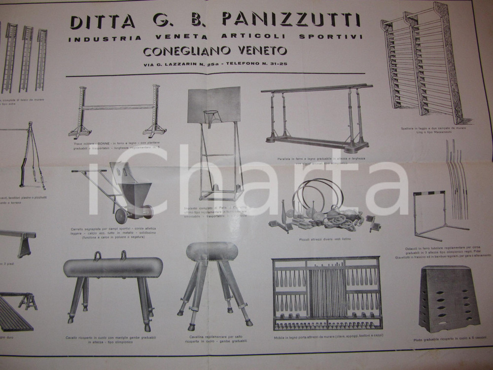 Materiale pubblicitario d’epoca 1945 ca CONEGLIANO (TV) Articoli sportivi Ditta PANIZZUTTI Catalogo 58 x 40 cm 1