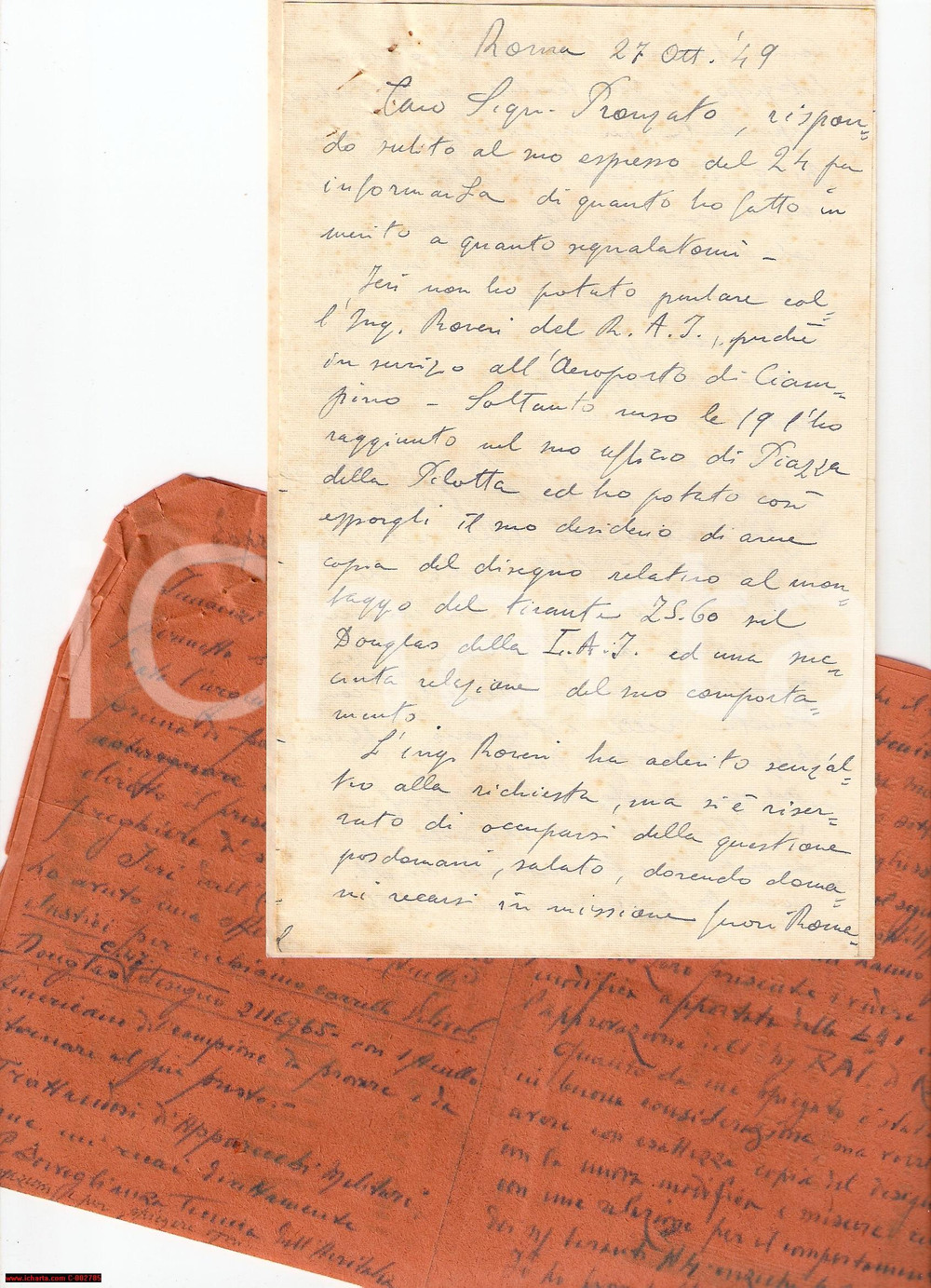 Manoscritto, lettera originale 1949 LAI LINEE AEREE ITALIANE ROMA Montaggio tirante DOUGLAS Lettera urgente 1