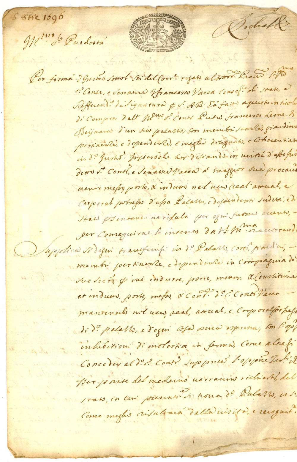 Documento originale, autentico 1696 SALUZZO CN Immissione in possesso di palazzo per conte Francesco VACCA 1