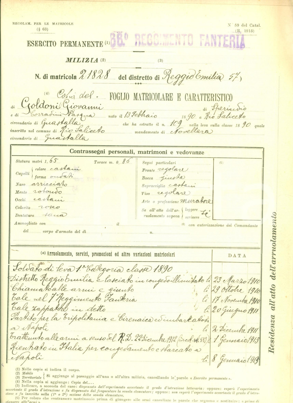 Documento originale, autentico 1916 RIO SALICETO RE WW1 Soldato Giovanni GOLDONI Foglio matricolare 1