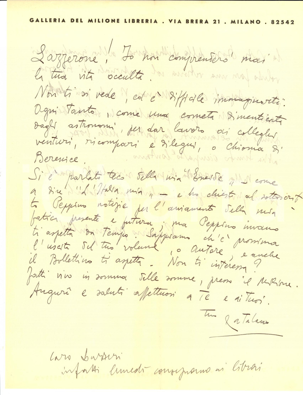 Autografo originale 1940 MILANO Galleria del MILIONE Lettera Silvio CATALANO e Peppino GHIRINGHELLI 1