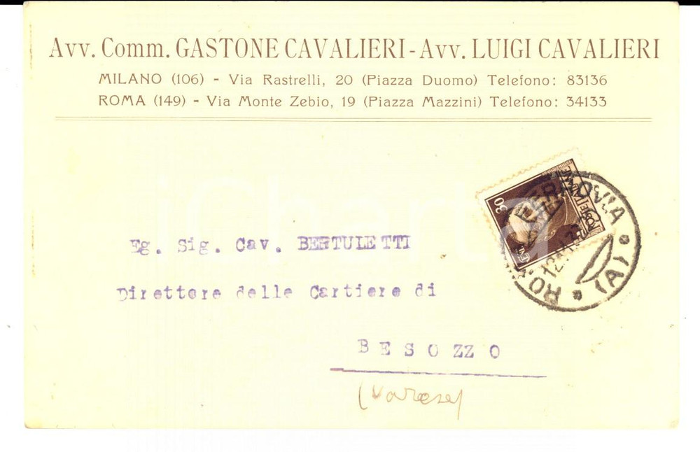 Cartolina originale da collezione 1932 MILANO ROMA Avv. Gastone CAVALIERI  Luigi CAVALIERI Cartolina INTESTATA 1