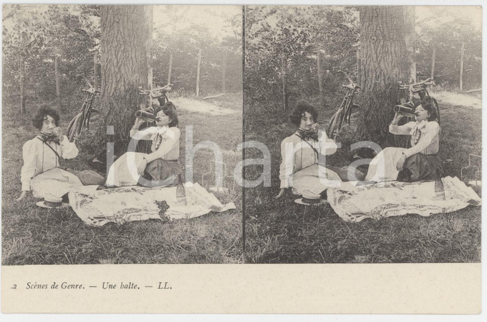 Cartolina originale da collezione 1900 ca FRANCE ScÃ¨nes de genre  Une halte  StÃ©rÃ©o Carte postale n.2 1