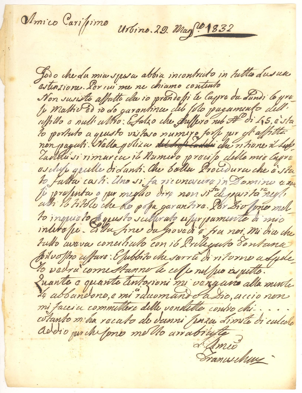Manoscritto, lettera originale 1832 URBINO Agostino FRANCESCHINI e traffico di capre 1
