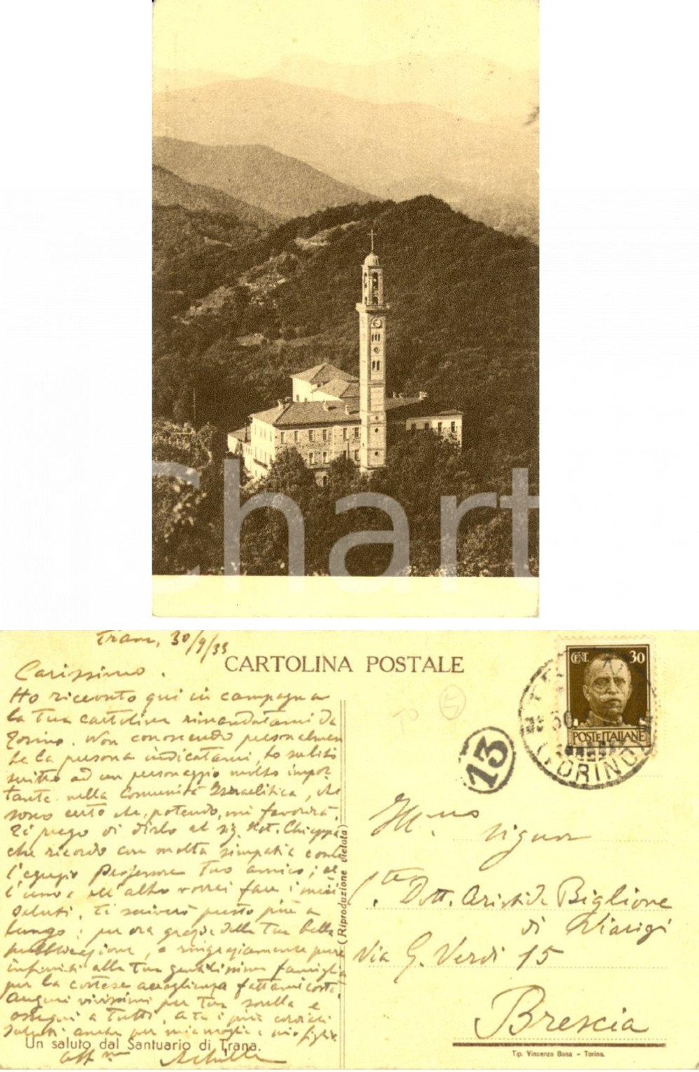 Autografo originale 1935 TRANA (TO) Santuario *Cartolina ACHILLI ad Aristide BIGLIONE DI VIARIGI 1