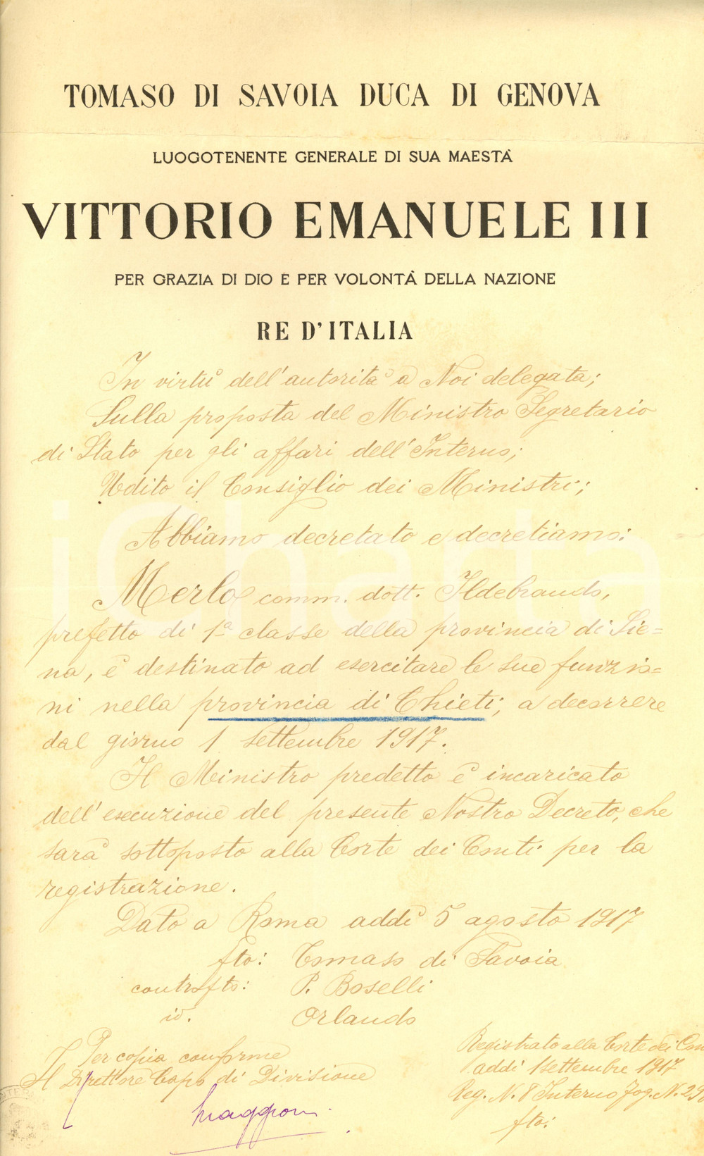 Documento originale, autentico 1917 CHIETI Prefetto Ildebrando MERLO trasferito da SIENA *Decreto 1