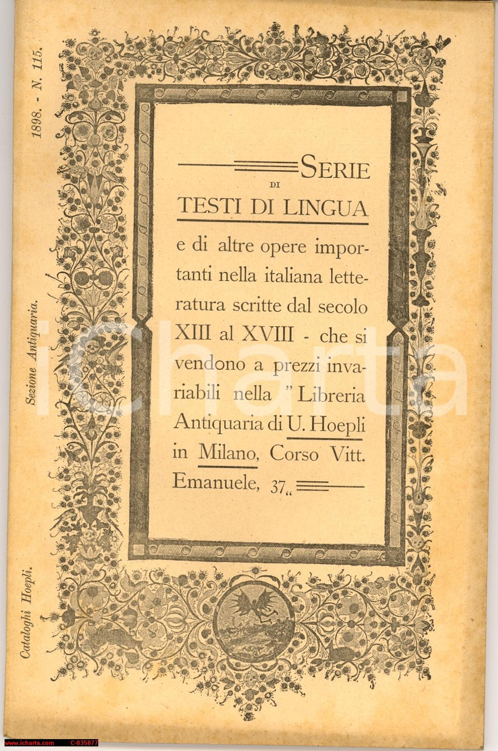 Libro, pubblicazione d epoca 1898 MILANO Catalogo Libreria Antiquaria HOEPLI  Letteratura italiana 1