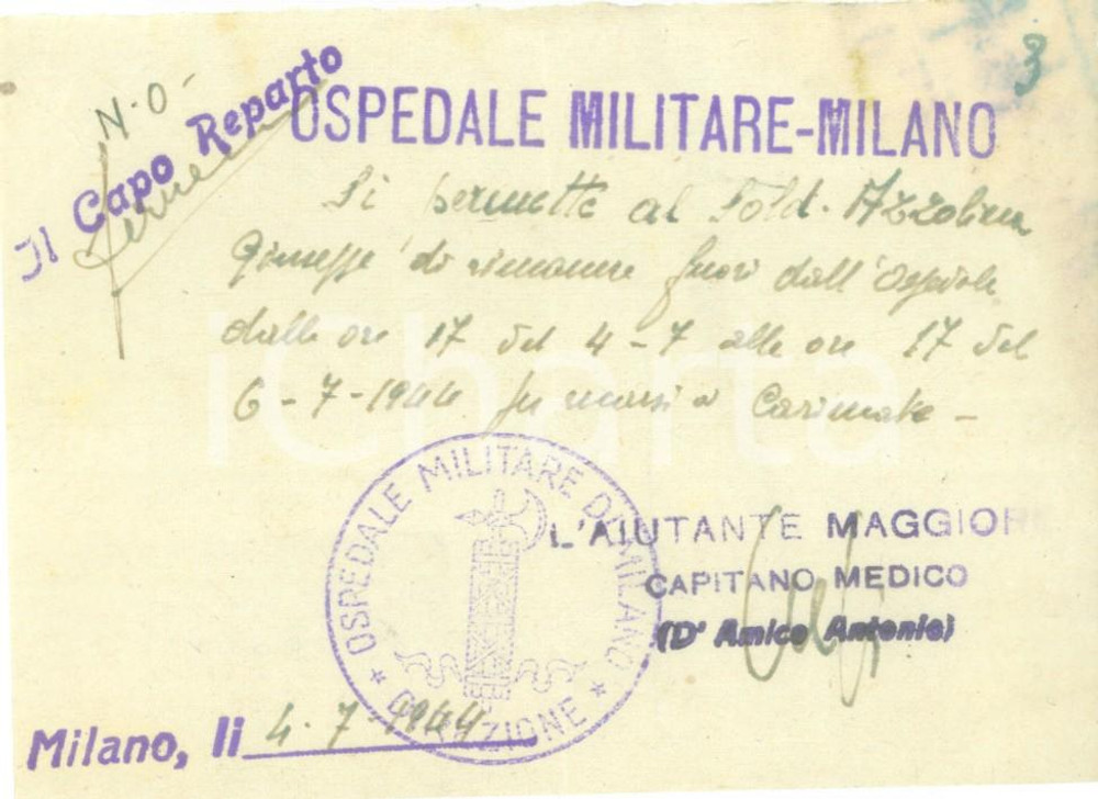 Documento originale, autentico 1944 MILANO RSI Soldato Giuseppe AZZOLINA Permesso di uscita dall Ospedale 1