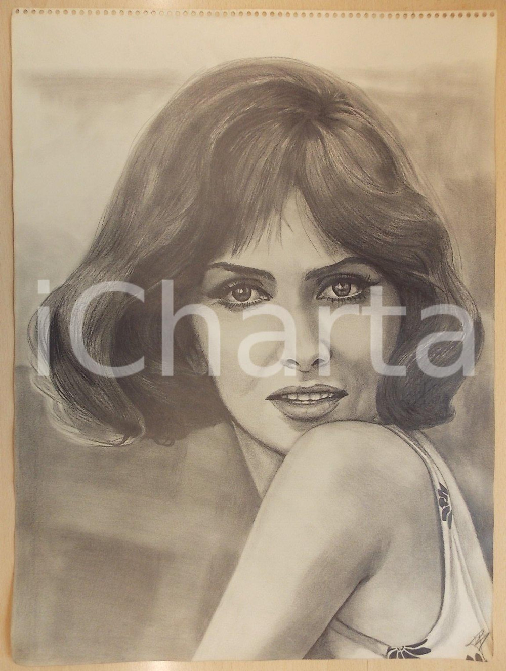 Stampa, bozzetto originale 1960 ca ARTE DI STRADA Ritratto di una giovane attrice Disegno a matita 37x50 1