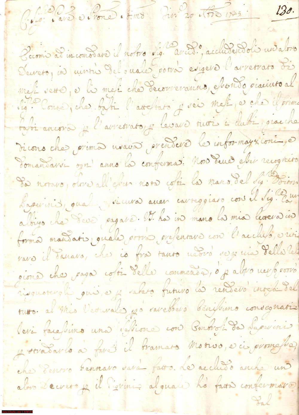 Manoscritto, lettera originale 1743 FIRENZE Riscossione di crediti DIOCESI DI AREZZO 1