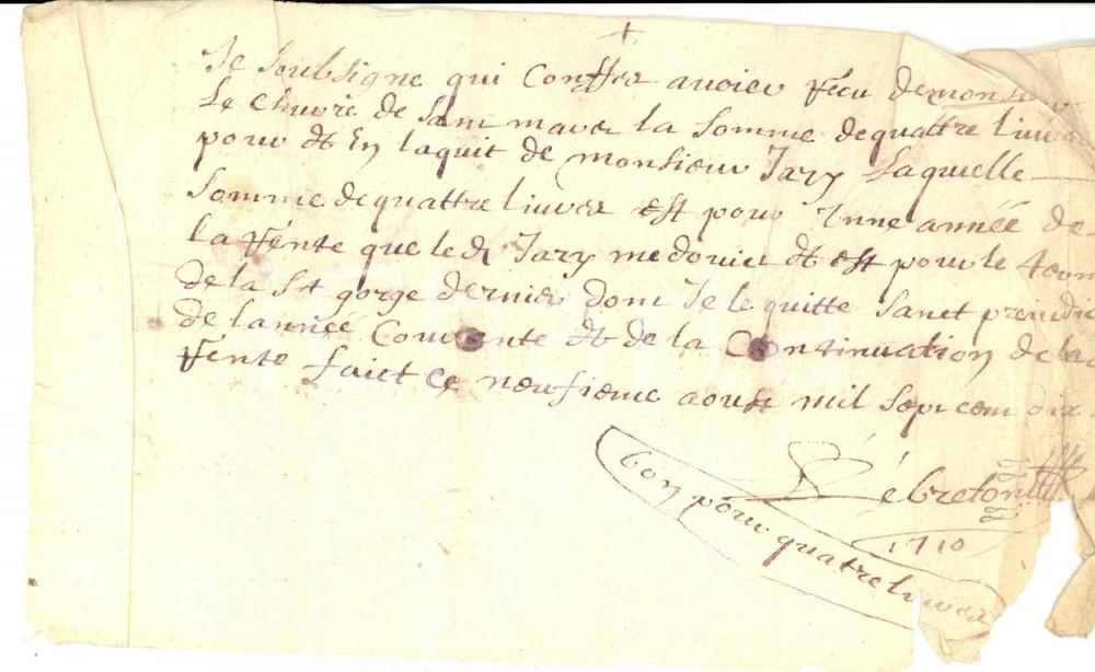 Documento originale, autentico 1710 ST MAUR AUVERGNE Quittance LEBRETON Ã  Monsieur JARRY fourne ST GORGE 1