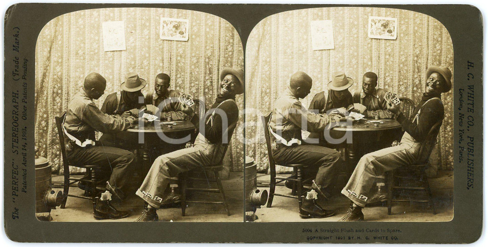 1901 USA POKER A Straight Flush and Cards to Spare - Stereoview H. C. WHITE Fotografia stereoscopica d'epoca, su cartoncino rigido.EDITORE: H. C. White, USA FORMATO: 18x9 cmCONDIZIONI: G     originale e autentica 1