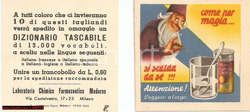 Materiale pubblicitario d’epoca 1939 MILANO Citrato espresso S. PELLEGRINO illustrati Lotto 2 tagliandi 1