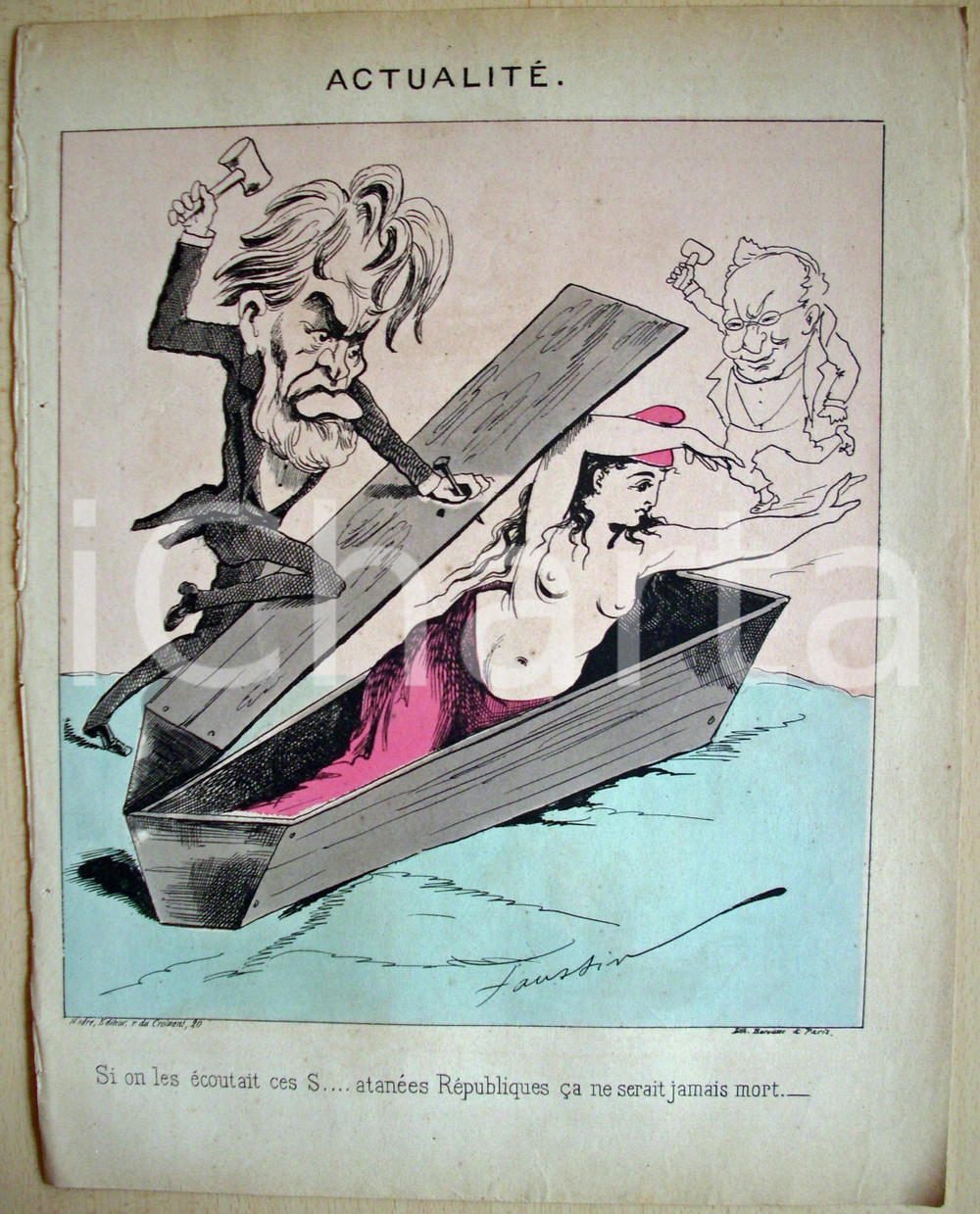 Stampa, bozzetto originale 1871 Caricatura LA COMUNE sepolta viva Faustin BETBEDER 1