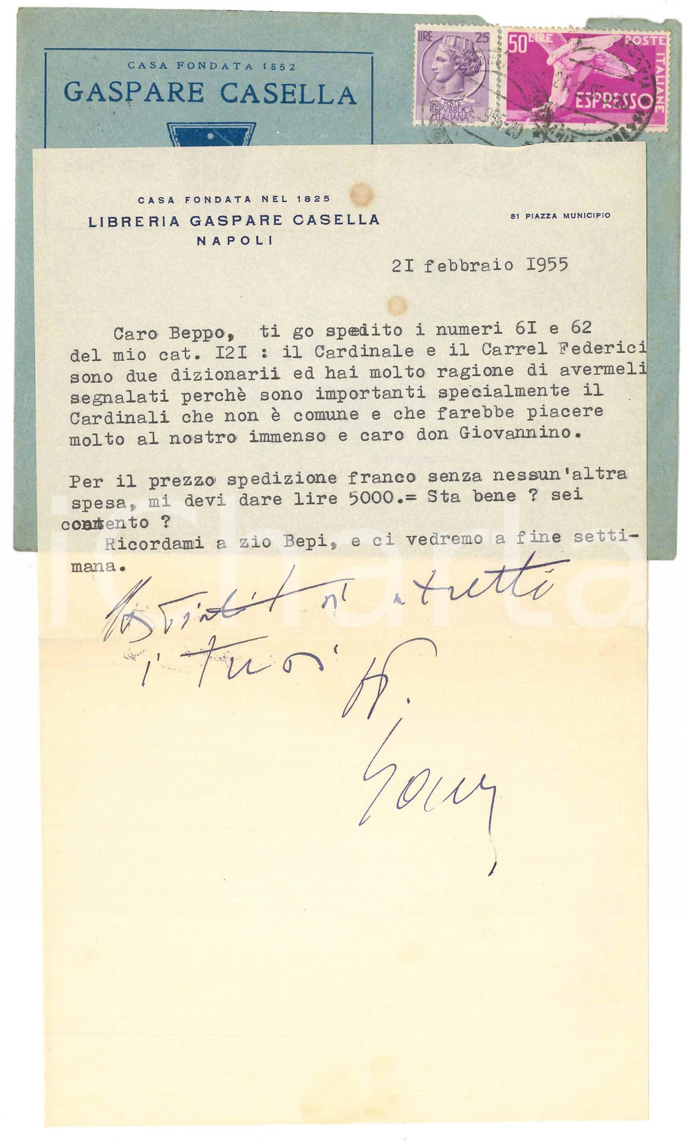 Autografo originale 1955 NAPOLI Lettera Gaspare CASELLA per vendita a un amico  Autografo 1