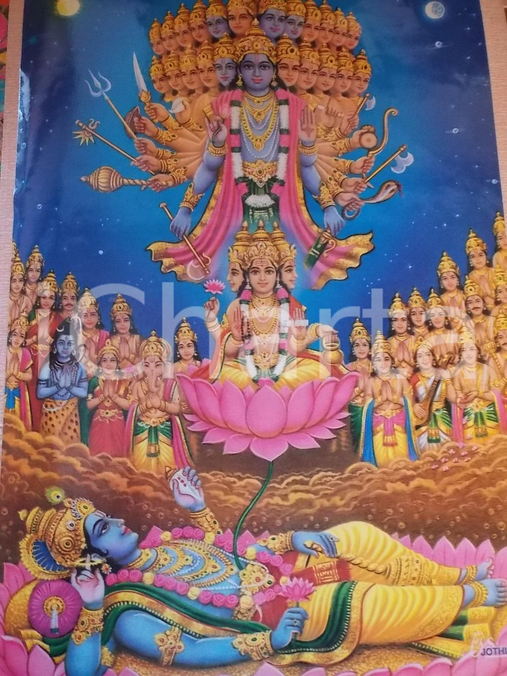 Stampa, bozzetto originale 1965 ca Stampa INDU  Scena con corteo di divinità Ed. JOTHI n°1266 30x43 cm 1