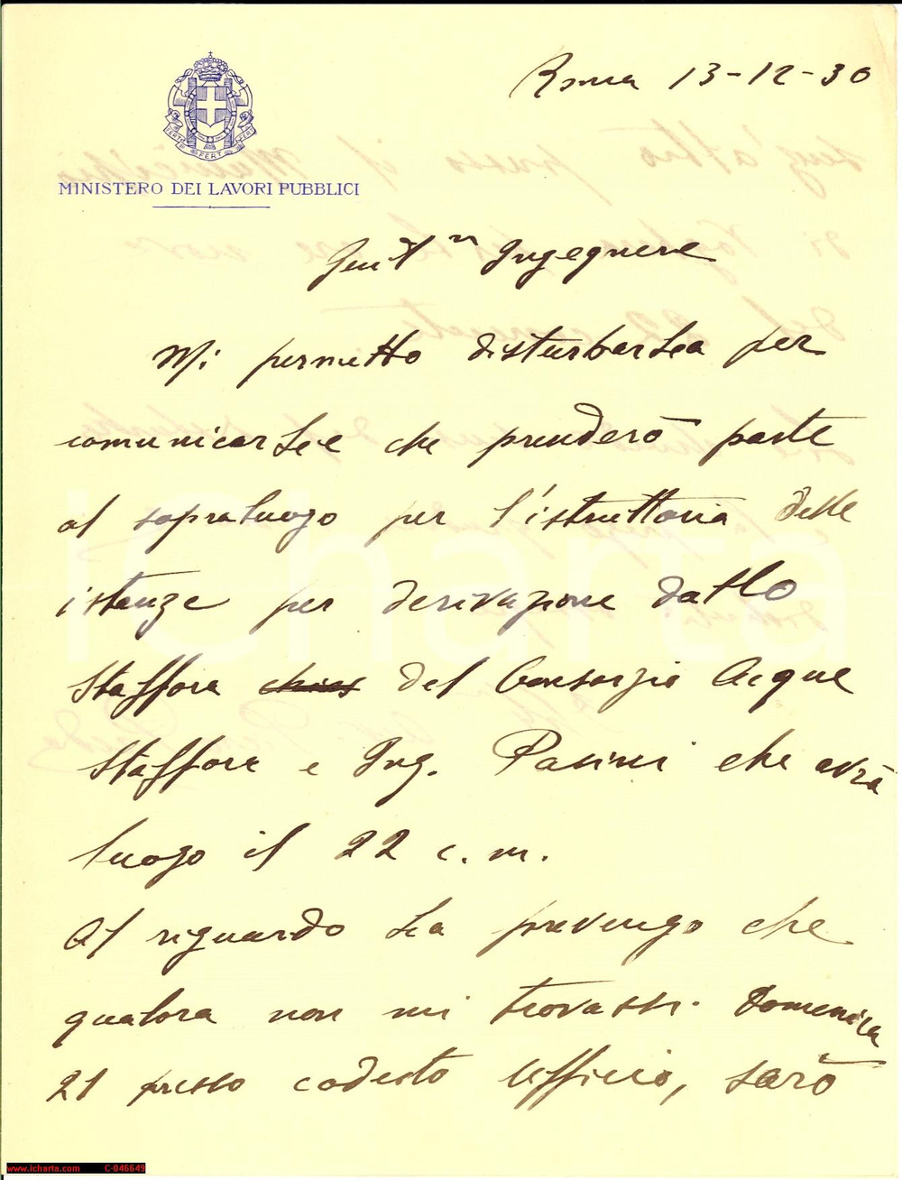 Autografo originale 1930 VOGHERA PV Piero PREDA su lavori torrente STAFFORA 1