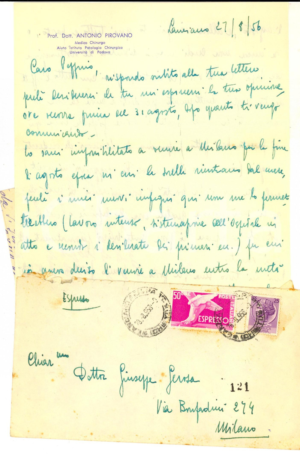 Manoscritto, lettera originale 1956 PADOVA Lettera privata prof. Antonio PIROVANO a Giuseppe GEROSA BRICHETTO 1