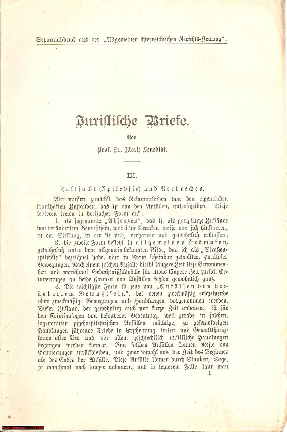 Libro, pubblicazione d epoca 1900 Moritz BENEDIKT Juristische Briefe Epilessia Opuscolo 1