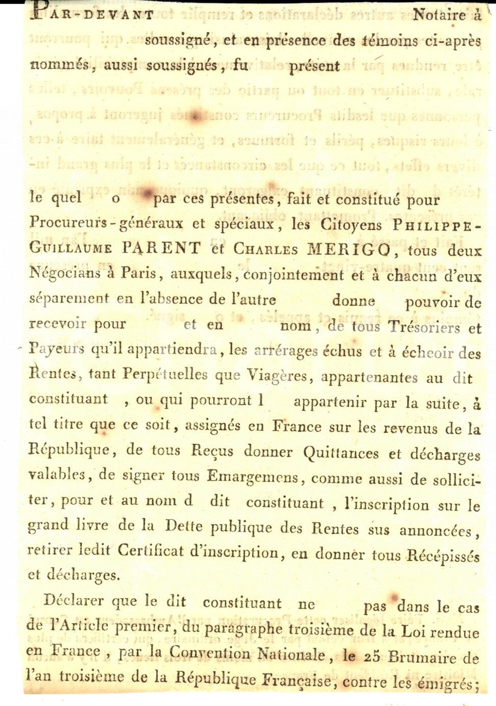 Documento originale, autentico 1790 PARIS Mandato PARENT, MERIGO E Cie per riscossione rendite RIFILATO 1