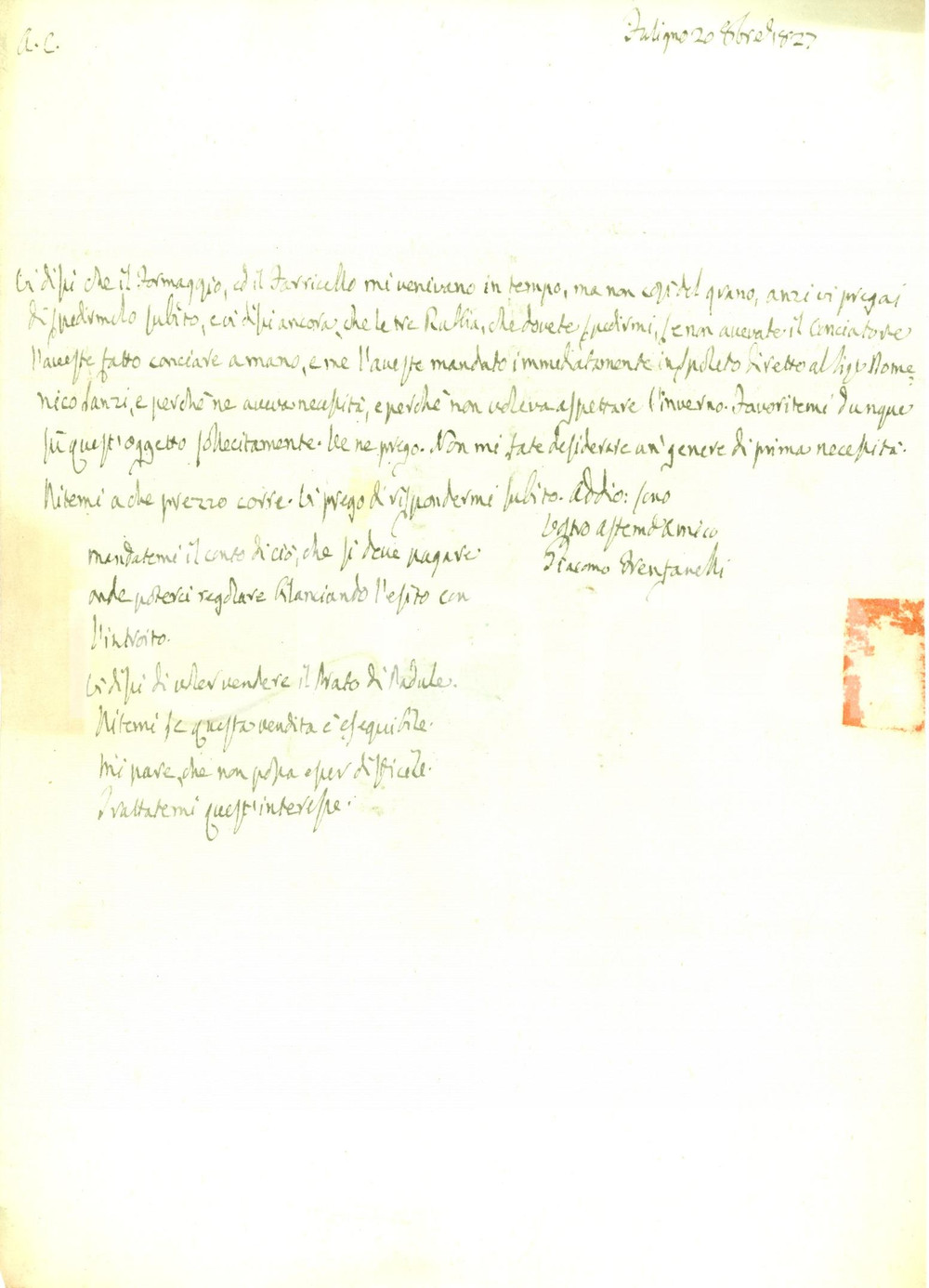 Documento originale, autentico 1827 FOLIGNO PG Giacomo FRENFANELLI sollecita invio di grano per inverno 1