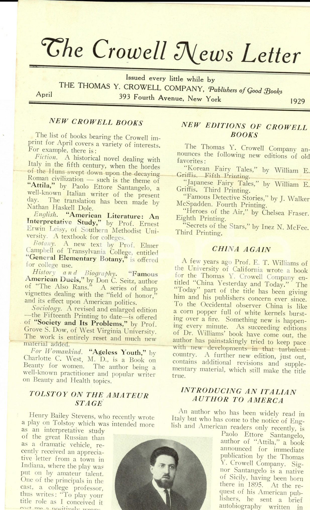 Materiale pubblicitario d’epoca April 1929 THE CROWELL Newsletter  Attila by SANTANGELO Publishers 1