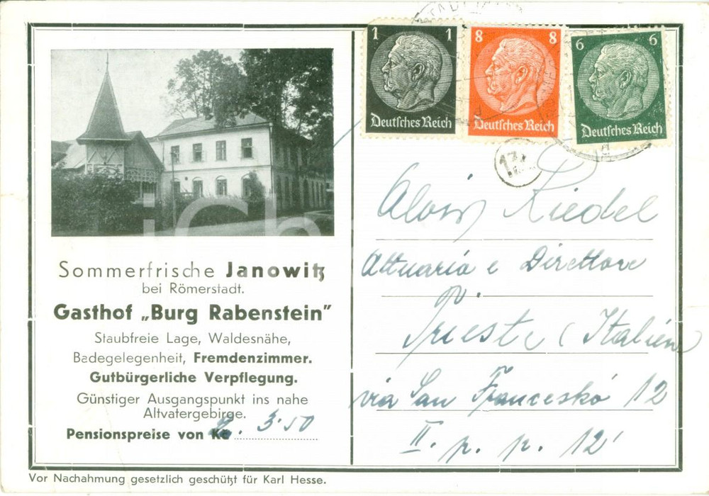 Materiale pubblicitario d’epoca 1939 JANOWITZ D Gasthof BURG RABENSTEIN Cartolina ILLUSTRATA FG VG 1