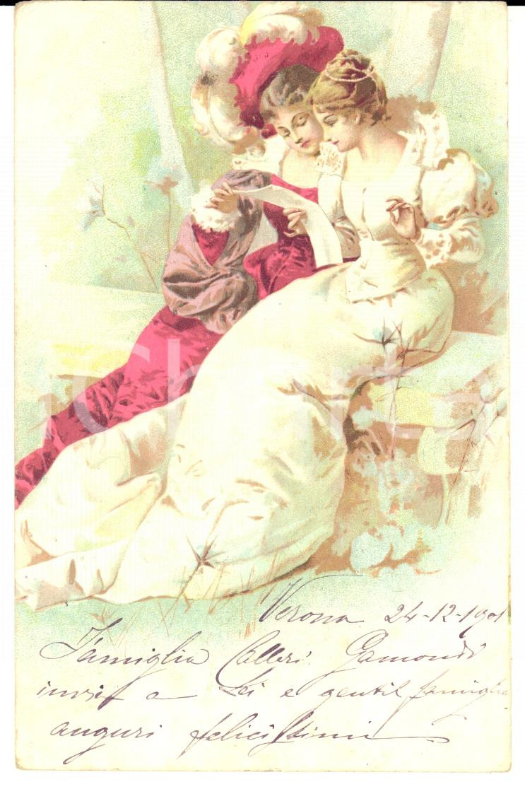 Autografo originale 1901 VERONA Cartolina con giovani donne in lettura Famiglia CALLERI GAMONDI 1