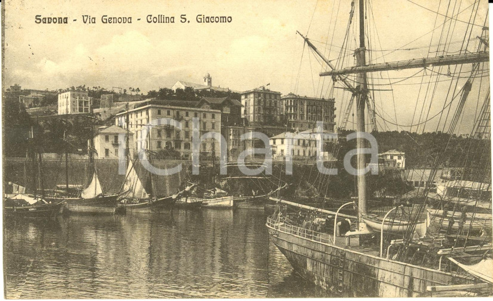 Cartolina originale da collezione 1916 SAVONA Via GENOVA e la collina SAN GIACOMO viste dal mare * Cartolina FP VG 1