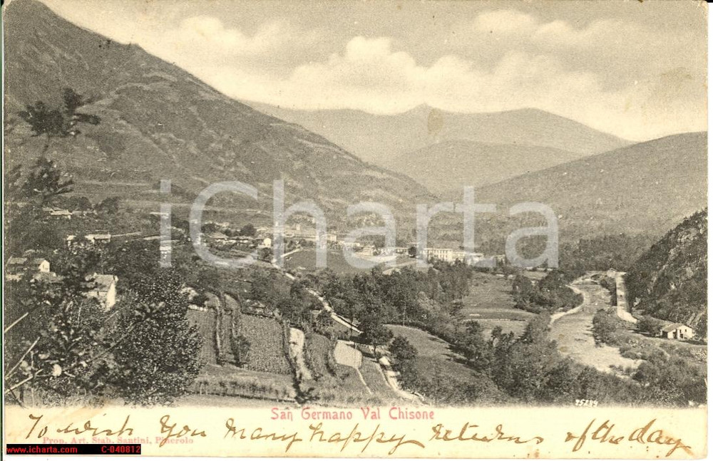 Cartolina originale da collezione 1907 San Germano Chisone - Veduta generale d'epoca 1