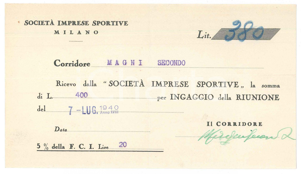 Autografo originale 1940 CICLISMO MILANO Ricevuta Secondo MAGNI  Ingaggio VIGORELLI Autografo 1