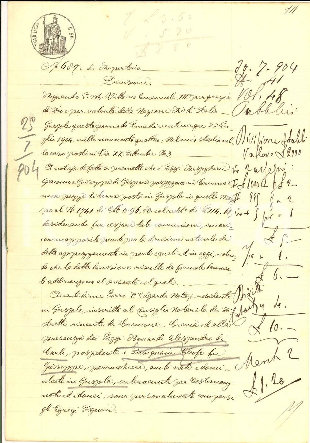 Documento originale, autentico 1904 GUSSOLA CR Divisione campo tra fratelli Giacomo e Giuseppe BASSEGHINI 1