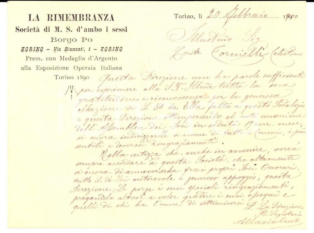 Manoscritto, lettera originale 1900 TORINO Celestino TORNIELLI socio onorario LA RIMEMBRANZA Biglietto 1
