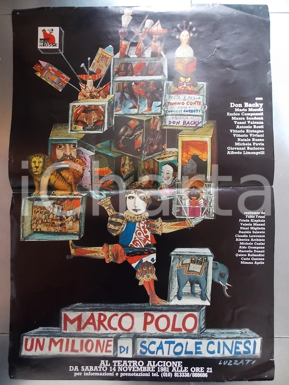 Materiale pubblicitario d’epoca 1981 GENOVA TEATRO ALCIONE Marco POLO scatole cinesi Manifesto Lele LUZZATI 1