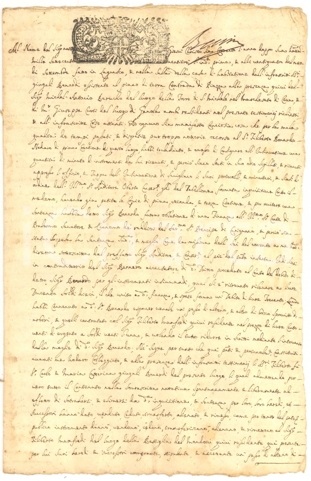 Documento originale, autentico 1723 LAGNASCO (CN) Filiberto NODARO vende alteno con bosco a Filiberto MANFREDI 1