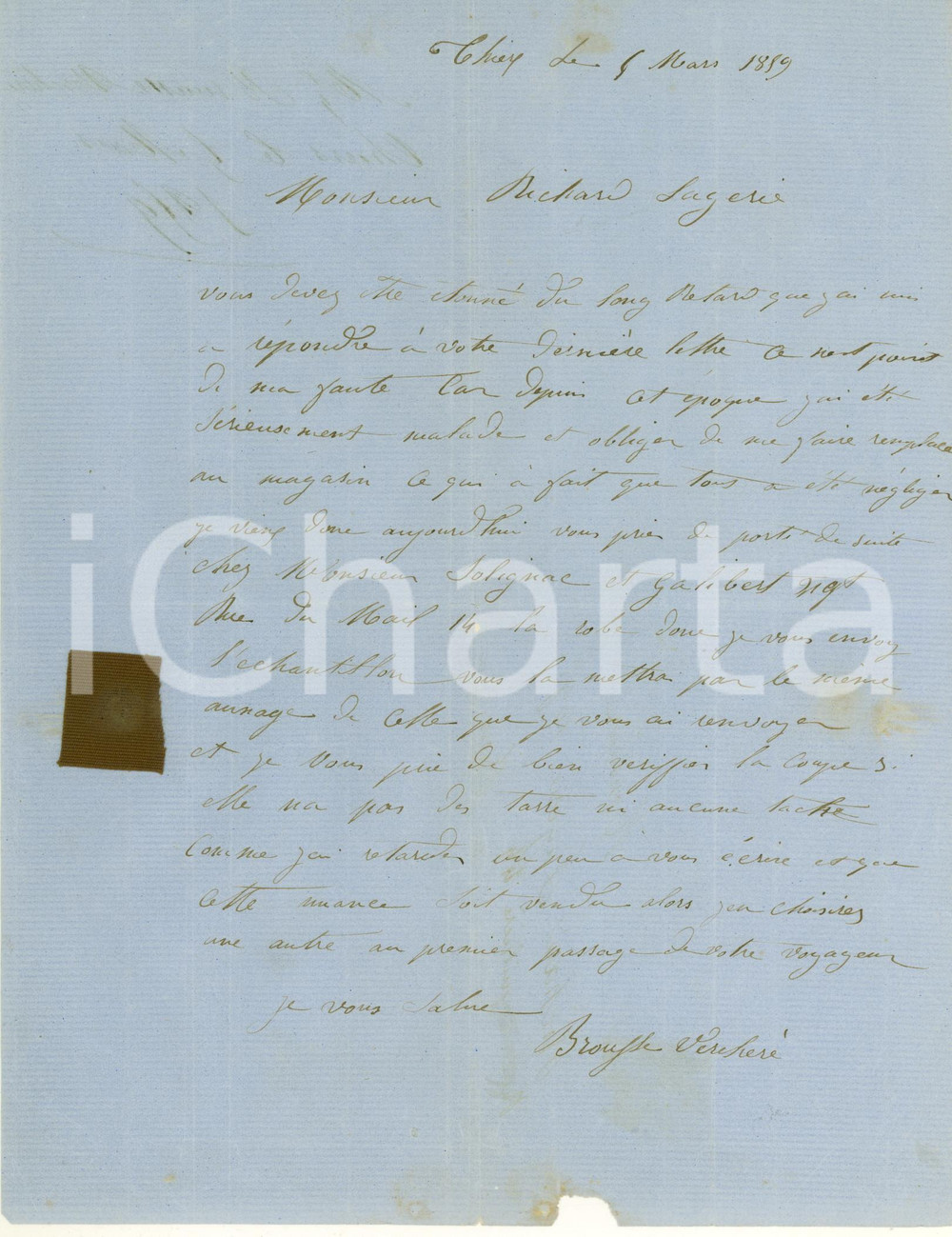 Documento originale, autentico 1859 THIERS F Ordine stoffa per BROUSSE VERCHERE Lettera con campione 1