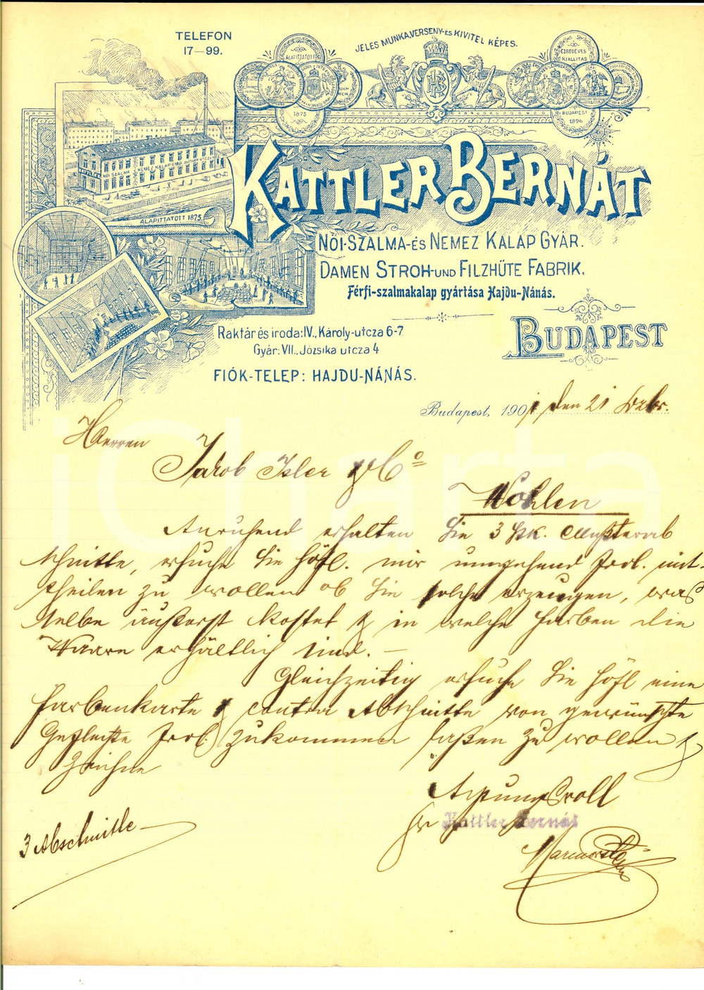 Documento originale, autentico 1901 BUDAPEST Ditta KATTLER BERNAT Cappelli di paglie a feltro Lettera 1