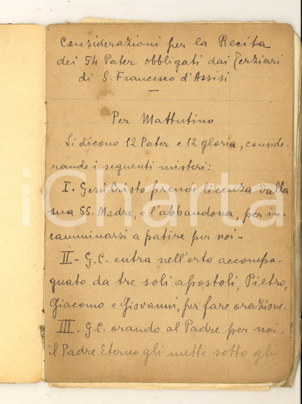 Manoscritto, lettera originale 1900 ca ROMA Considerazioni recita 54 Pater obbligati dai Terziari Manoscritto 1