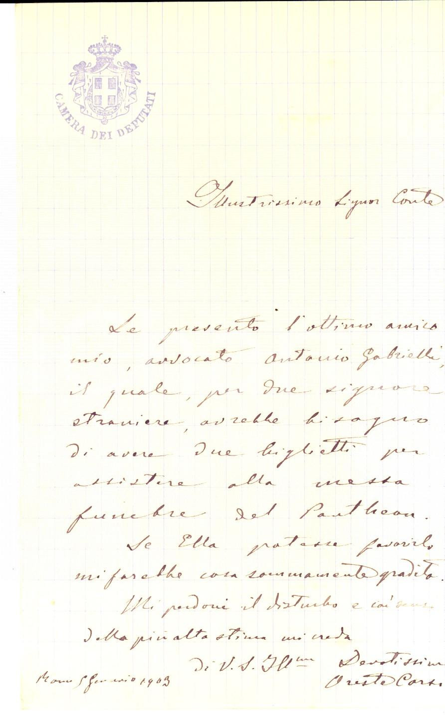 Manoscritto, lettera originale 1903 ROMA Oreste CORSI chiede biglietti per messa funebre al Pantheon Lettera 1