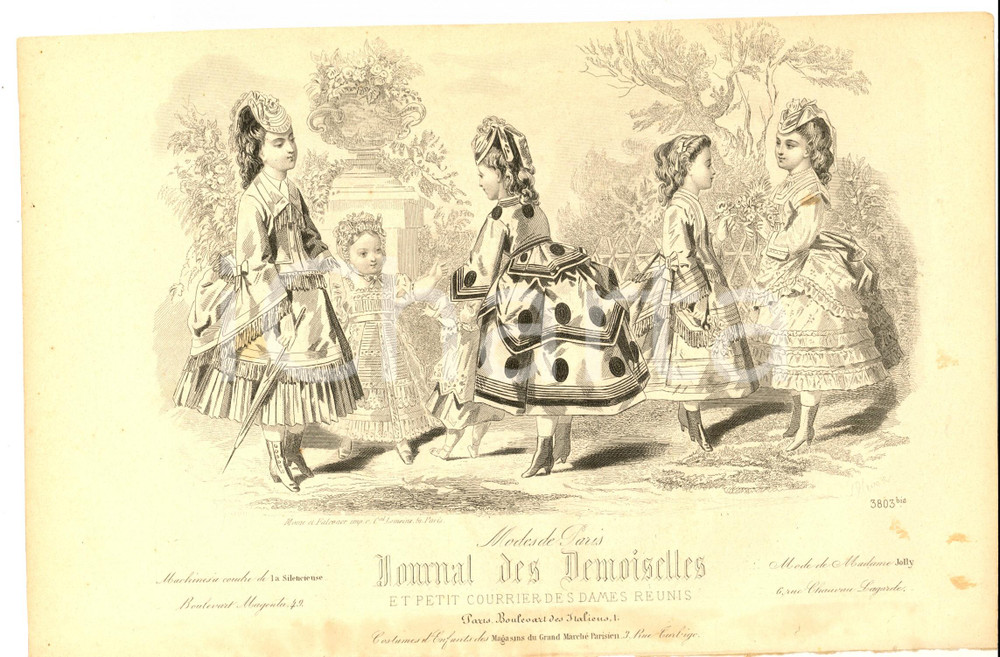 Stampa, bozzetto originale 1850 ca PARIS Journal des Demoiselles  Costumes enfants GRAND MARCHÃ‰ PARISIEN 1