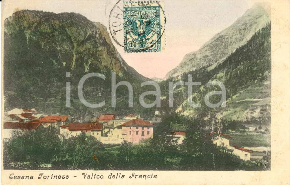 Cartolina originale da collezione 1906 CESANA TORINESE (TO) Veduta paese e valico della FRANCIA *Cartolina FP VG 1