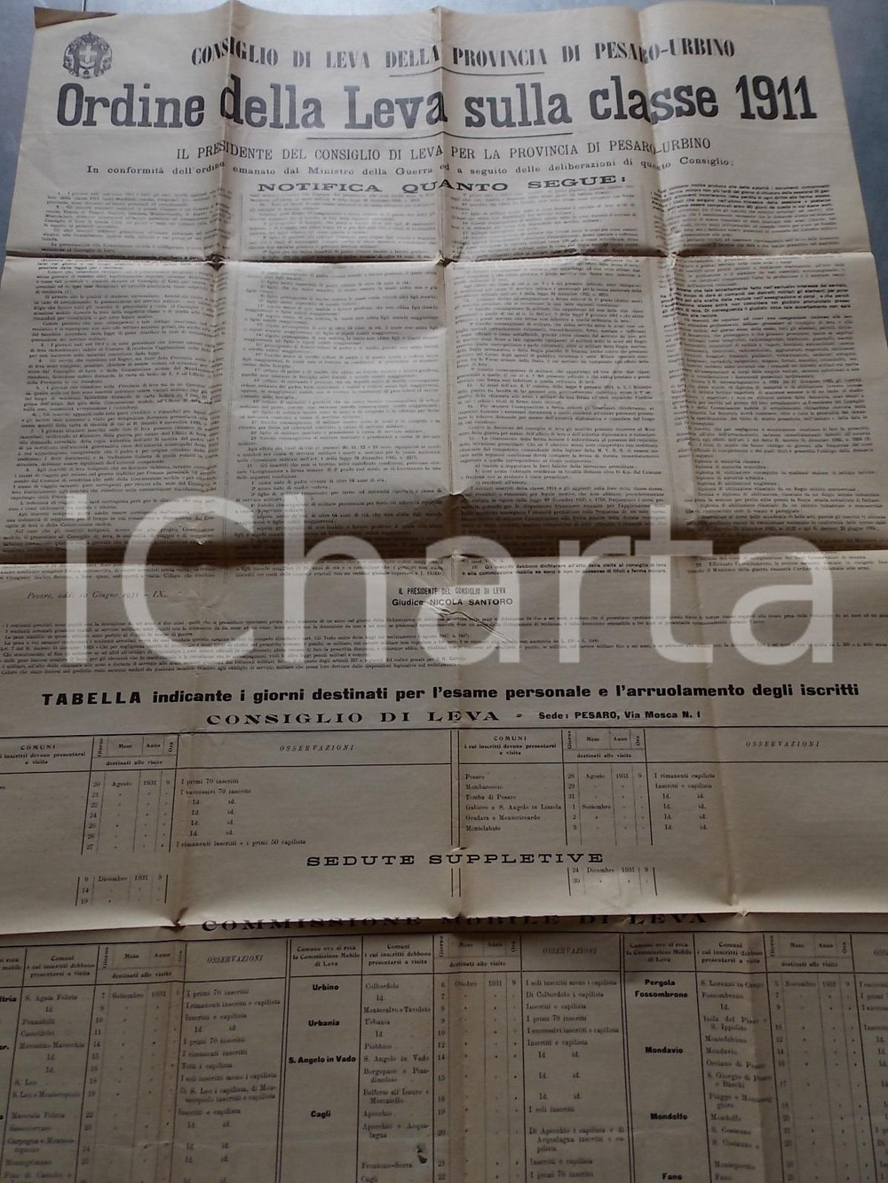 Documento originale, autentico 1932 PESARO Ordine della Leva sulla classe 1911 Manifesto 70 x 100 1