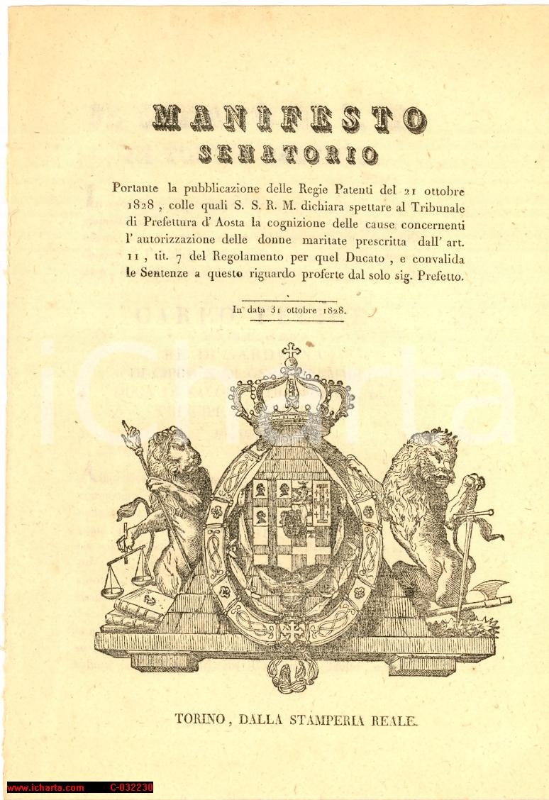 Documento originale, autentico 1828 MANIFESTO SENATORIO Autorizzazione delle donne maritate 1