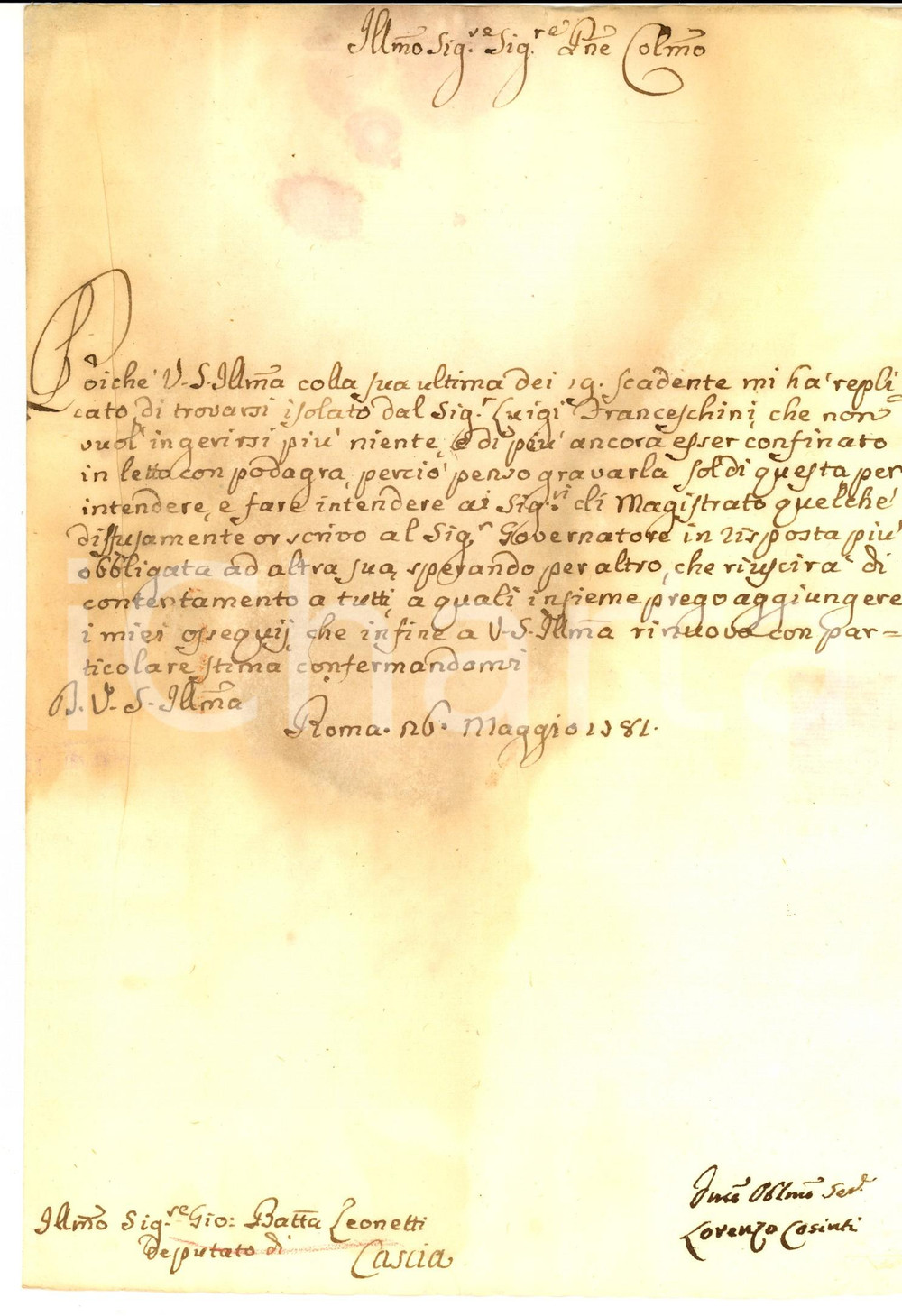 Manoscritto, lettera originale 1781 ROMA Avvocato Lorenzo CORINTI spera nel contentamento di tutti Lettera 1