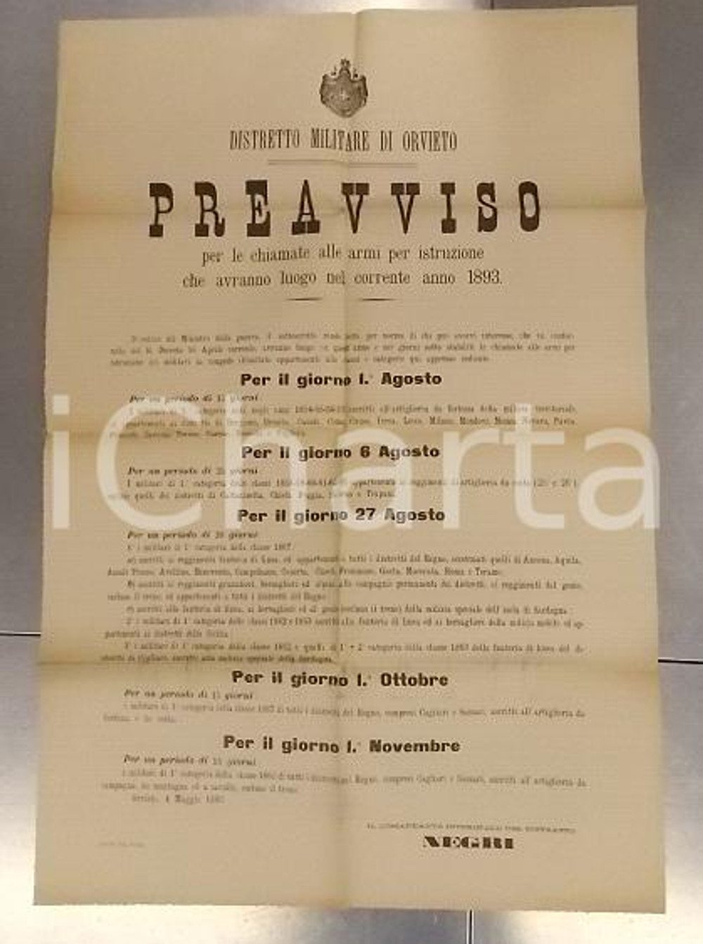 Documento originale, autentico 1893 ORVIETO TR Preavviso chiamate alle armi per istruzione Manifesto 1