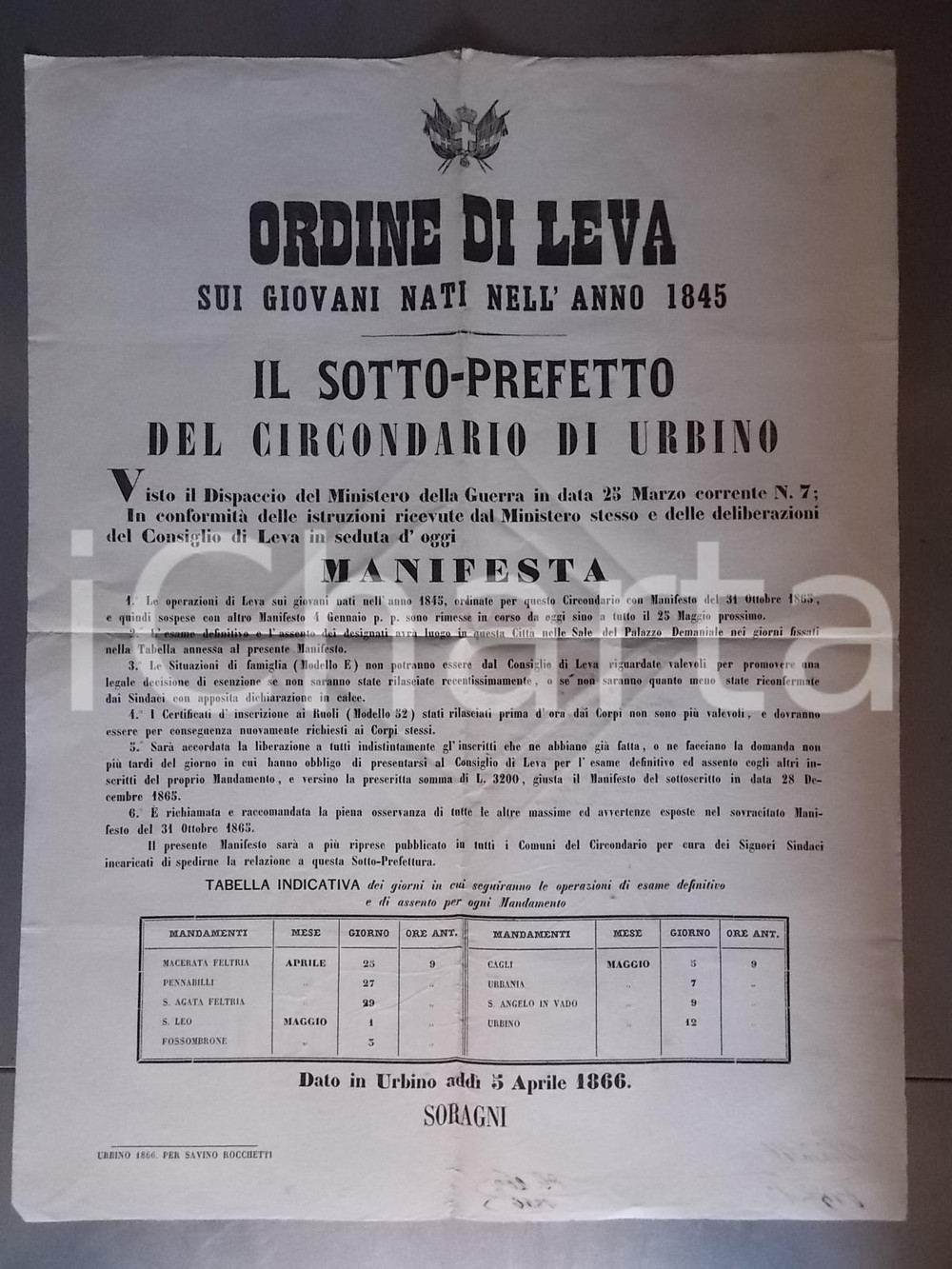 Documento originale, autentico 1866 URBINO Leva sui giovani nati nel 1845 Manifesto 45 x 55 cm 1