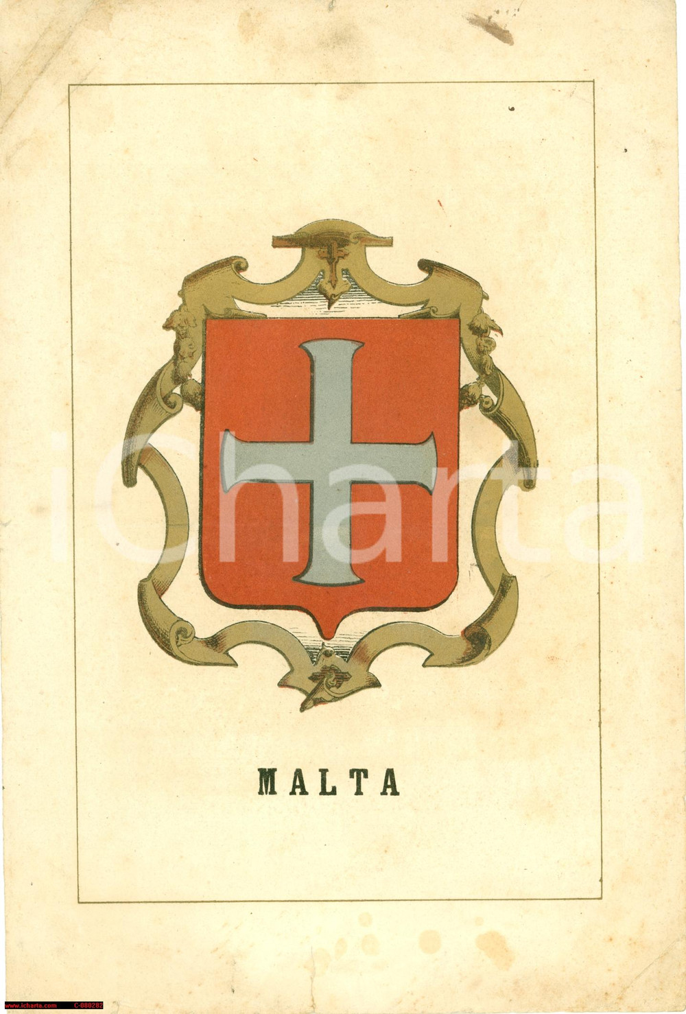 Stampa, bozzetto originale 1857 MALTA Stemma nazionale Cromolito stampa a colori 1