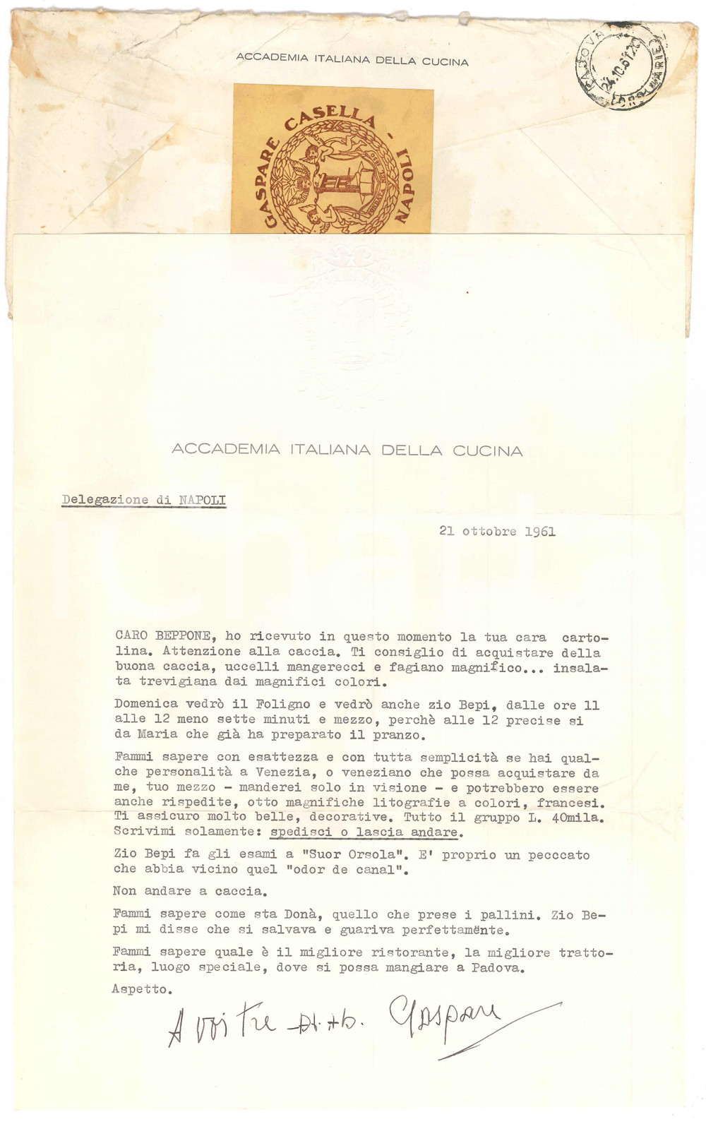 Autografo originale 1961 NAPOLI Accademia Italiana della Cucina  Lettera Gaspare CASELLA Autografo 1